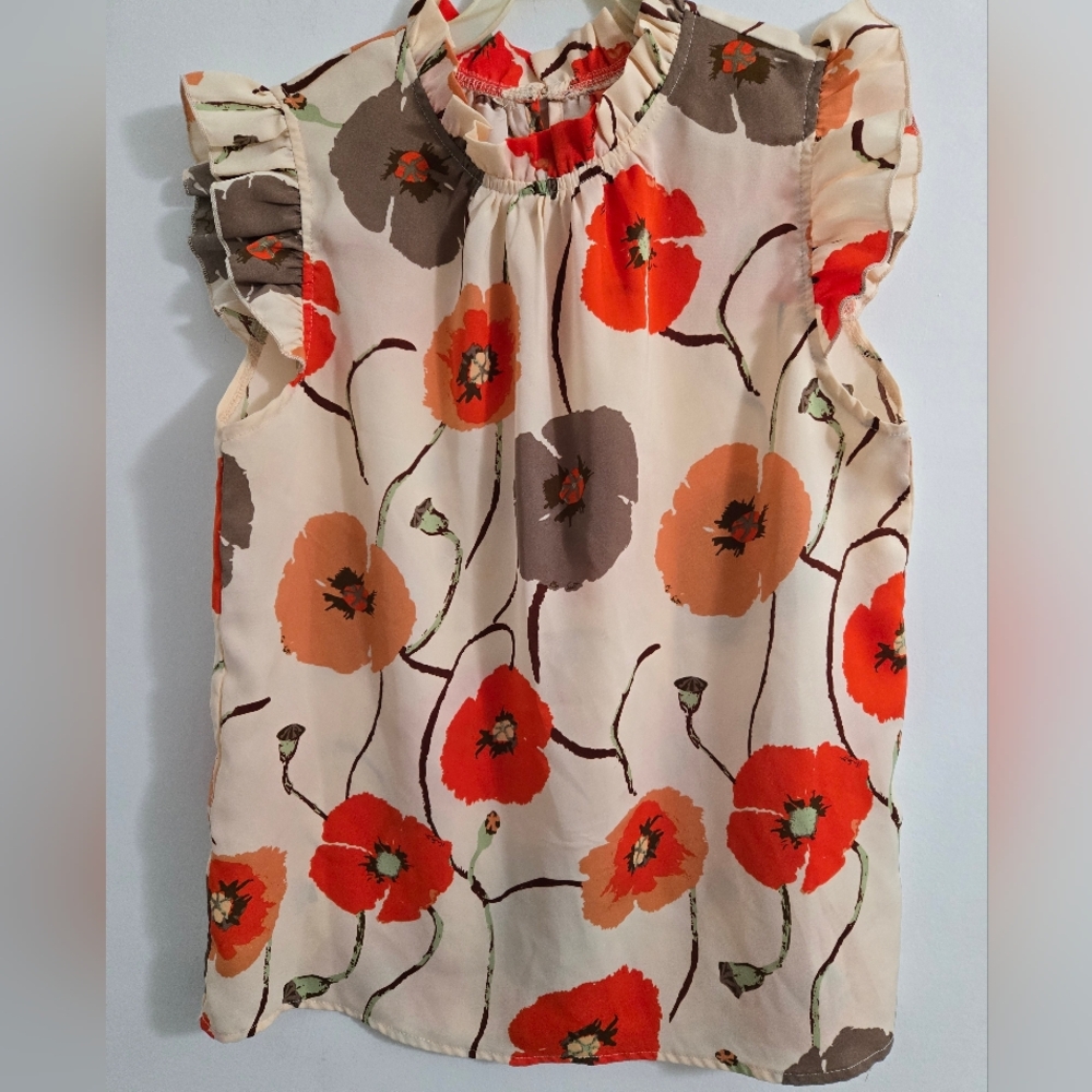 Sleeveless Floral Ruffle Neck Top - Cream with Red & Orange Poppies
